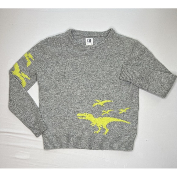 GAP Preppy Gray Wool Blend Neon T Rex Dinosaur School Sweater Kids SMALL (6-7) - Picture 1 of 6